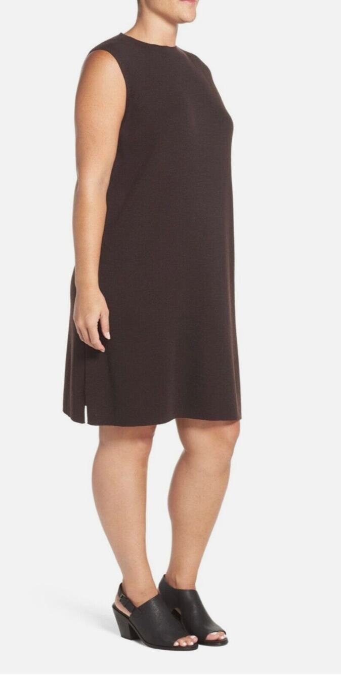 Eileen Fisher The Icons Funnel Neck Wool Shift Dress Women Large Clove Brown New